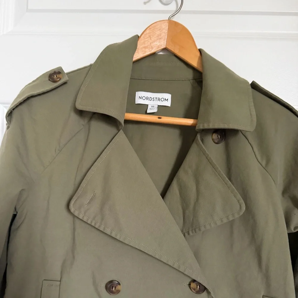 Nordstrom Cropped Olive/Green Trench Jacket Double Breasted Lightweight Coat xs - Picture 5 of 8